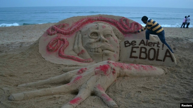 Nghệ sĩ Sudarshan Pattnaik cạnh tác phẩm bằng cát miêu tả bệnh dịch Ebola trên một bãi biển bang miền đông Odisha ở Ấn Độ.