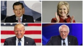 Từ trái sang phải, trên xuống dưới: Thượng nghị sĩ Ted Cruz, Cựu ngoại trưởng Hillary Clinton, Thượng nghị sĩ Bernie Sanders và ông Donald Trump.