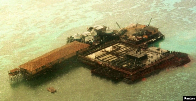 FILE - An aerial view of one of the structures built by China at the Philippine-claimed Mischief Reef, Spratly Islands in South China Sea.