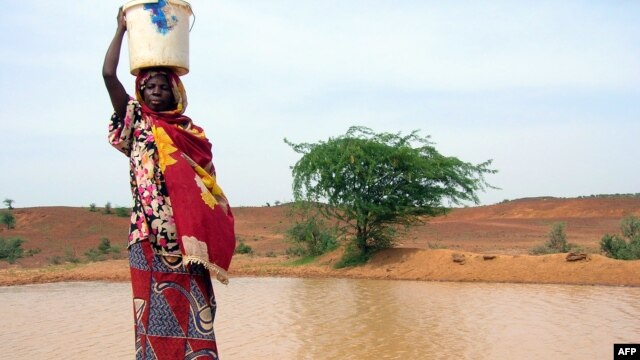 A woman gets water from a pool infected with cholera in Gounfara, Niger, despite warnings from medical services, August 29, 2005.