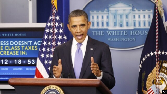 US President Barack Obama speaks on the extension of the payroll tax cut and of the Republican obstruction of Richard Cordray's nomination to head the Consumer Financial Protection Bureau (CFPB) in the briefing room of the White House in Washington, Decem