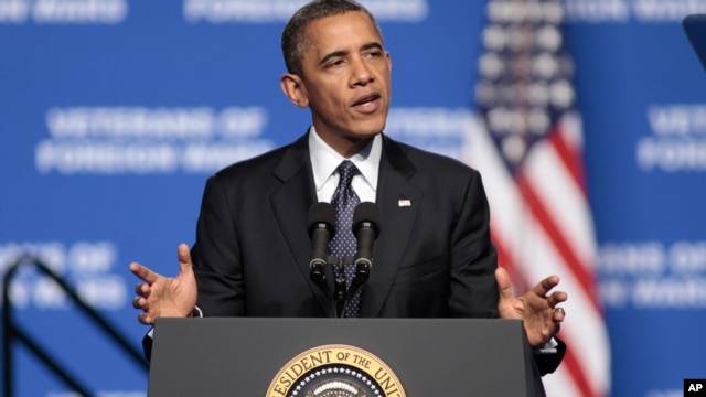 President Barack Obama addresses convention of Veterans of Foreign Wars in Reno, Nev. July 23, 2012.