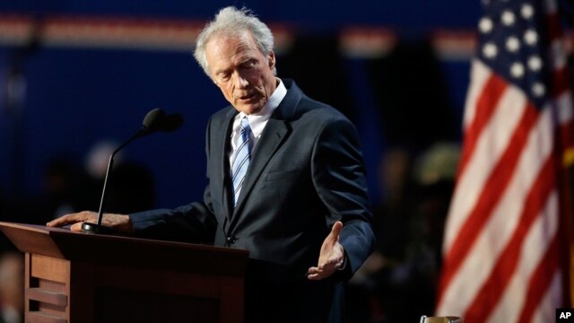 Actor Clint Eastwood speaks to an empty chair on the final night of the convention, August 30, 2012.