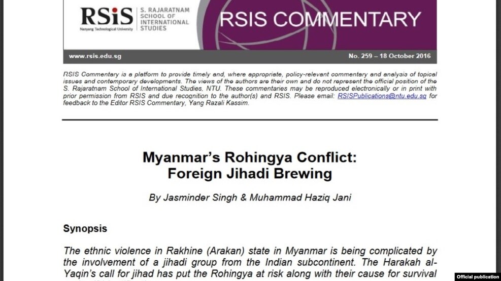 Nanyang နည္းပညာတကၠသိုလ္ရဲ့ RSiS ေခၚ Rajaratnam ႏိုင္ငံတကာေလ့လာေရး ဌာနရဲ့ ေအာက္တိုဘာ ၁၈ ရက္ေန႔ ထုတ္စာေစာင္။