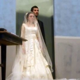 At the opening of the play a young Palestinian couple, played by Haroutioun Izmirilian and Samira al-Asir (front), stands in their home in Haifa, which is now an Israeli City.
