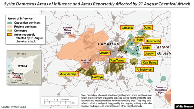 Bản đồ các khu vực bị ảnh hưởng vì vụ tấn công bằng vũ khí hóa học.