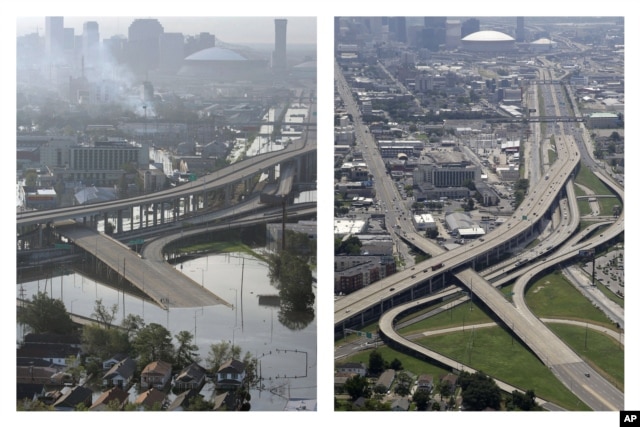 This combination of Aug. 30, 2005, and July 29, 2015, photos shows downtown New Orleans floolded by Hurricane Katrina and the same area a decade later.