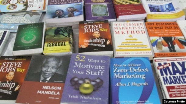 Books are seen on display on a table at the Mogadishu Book Fair in Mogadishu, Somalia. (Courtesy - Mogadishu Book Fair)