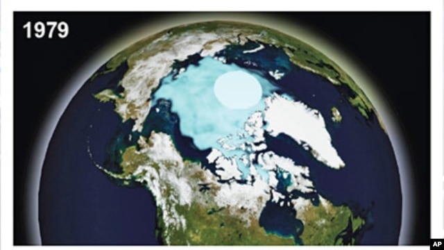 A combination of the National Oceanic and Atmospheric Administration (NOAA) images show September Arctic sea ice in 1979, the first year these data were available, and 2009 in this image from a report released in 2010