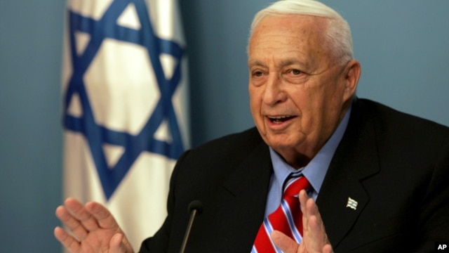 In this file photo taken on Monday, Nov. 21, 2005, Israeli Prime Minister Ariel Sharon speaks during a press conference at his Jerusalem office.