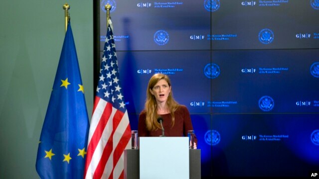 Đại sứ Hoa Kỳ tại Liên hiệp quốc Samantha Power nói về vấn đề dịch bệnh Ebola ở Brussels, 30/10/14