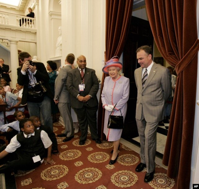 FILE - Queen Elizabeth II and Virginia Gov. Tim Kaine enter the Old House Chamber at the Virginia State Capitol building in Richmond, Va., Thursday, May 3, 2007.