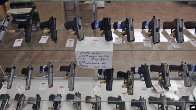 Handguns are on display at B & J Guns in Colonie, New York, June 26, 2008.