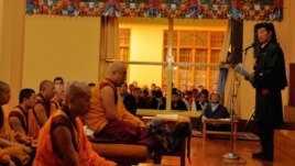 Prime Minister Lobsang Sangay addressing the hundreds gathered at Tsuklagkhang monastery in Dharamsala