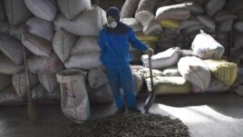 A worker stands near the agricultural waste called "green coal" fuel pellets on the floor inside a factory outside of Beijing, China. (File 2009)