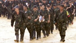 El comandante guerrillero conocido como "Grannobles" (derecha), acompaña a algunos de los 242 policías y soldados que fueron capturados por la guerrilla de las FARC en la población colombiana de La Macarena.