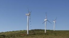 Giant wind turbines dot the landscape at the Darling Wind Power national demonstration project near Cape Town. 