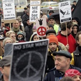 A 2008 file photo of People demonstrating against plans to deploy a missile shield defense system in the town of Redzikowo, northern Poland
