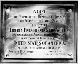 The dedication plaque on the Statue of Liberty