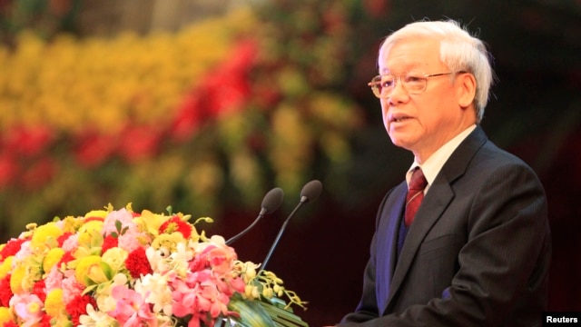 Tổng-Bí thư Nguyễn Phú Trọng phát biểu trong buổi lễ đánh dấu kỷ niệm 85 năm thành lập Đảng Cộng Sản Việt Nam tại Hà Nội, ngày 2/2/2015.