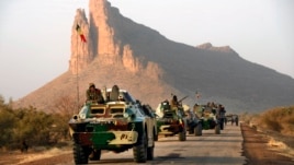 A convoy of Malian troops makes a stop to test their weapons near Hambori, northern Mali, on the road to Gao, February 4, 2013. 