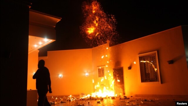 U.S. Consulate in Benghazi in flames during protest by armed group on September 11, 2012.