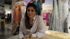 Khadijah Shah with her collection at the store in New Delhi, October 23, 2012. (Anjana Pasricha / VOA)