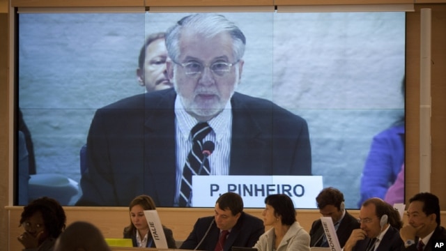 Brazilian diplomat Paulo Sergio Pinheiro delivers the report of the Independent Commission of Inquiry on Syria during to the Human Rights Council at the United Nations in Geneva, Switzerland, September 17, 2012.