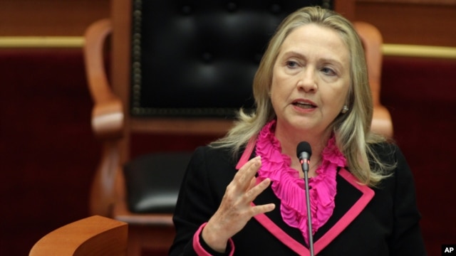 U.S. Secretary of State Hillary Rodham Clinton speaks to the Albanian Parliament in Tirana, November 1, 2012. 
