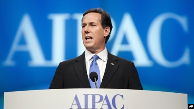 Republican presidential candidate Rick Santorum speaks at the American Israel Public Affairs Committee (AIPAC) policy conference in Washington, March 6, 2012.