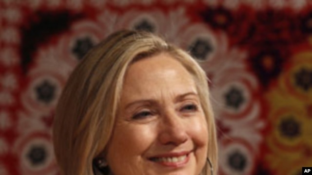 U.S. Secretary of State Hillary Rodham Clinton smiles at a town hall discussion in Dushanbe, Tajikistan, Oct 22, 2011.