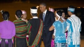President Barack Obama is greeted upon his arrival on Air Force One at Naypyitaw International Airport, Nov. 12, 2014, in Naypyitaw, Myanmar.