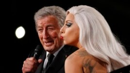Lady Gaga and Tony Bennett performing at the 2015 Grammy Awards.