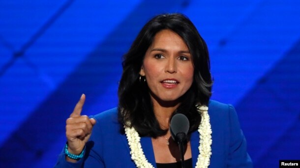 FILE - U.S. Representative Tulsi Gabbard of Hawaii delivers a nomination speech for Senator Bernie Sanders on the second day at the Democratic National Convention in Philadelphia, Pennsylvania, July 26, 2016.