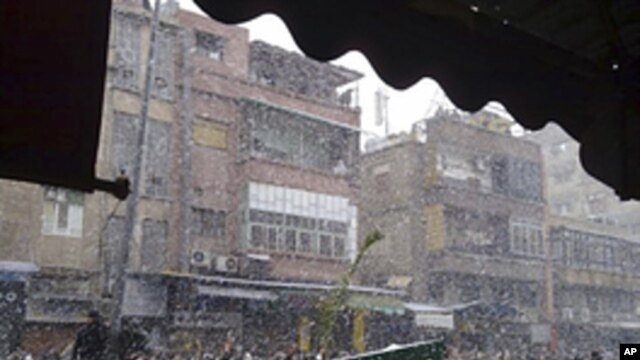 Anti-government protesters attend the funerals, in snowy weather, of those killed during clashes with government troops in earlier protests against Syria's President Bashar al-Assad in Damascus, February 18, 2012.