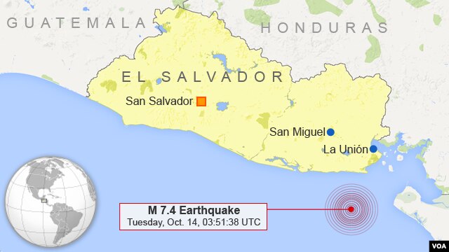 Trận động đất đo dược 7,4 độ trên địa chấn kế xảy ra trong biển Thái Bình Dương ở độ sâu 70km, cách thủ đô San Salvador khoảng 169km về hướng đông nam.
