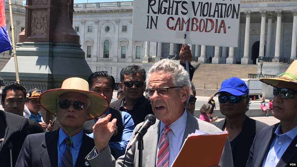 Rep. Alan Lowenthal (D-CA) ​addresses Cambodian-American protesters who called for the United States' intervention to put an end to human rights violations in Cambodia, Washington D.C., Friday June 10, 2016.
