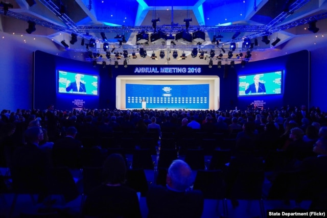 U.S. Secretary of State John Kerry delivers a speech on Jan. 22, 2016, to attendees at the World Economic Forum in Davos, Switzerland.