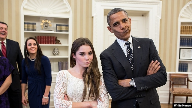 President Barack Obama jokingly mimics U.S. Olympic gymnast McKayla Maroney's "not impressed" look while greeting members of the 2012 U.S. Olympic gymnastics teams in the Oval Office, Nov. 15, 2012.
