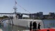 The autonomous ship Sea Hunter, developed by the Pentagon's Defense Advanced Research Projects Agency, is shown docked after its christening ceremony in Portland, Oregon, April 7, 2016.