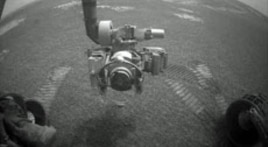 NASA's Opportunity rover used its front hazard-identification camera to obtain this image at the end of a drive on the rover's 1,271st sol, or Martian day (Aug. 21, 2007).
