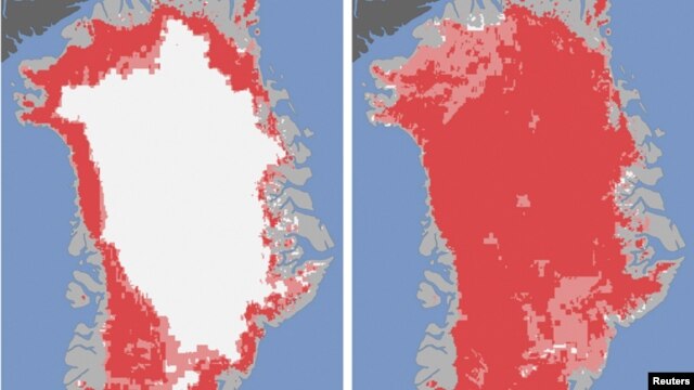 Las fotos de la NASA revelan que casi la totalidad de la capa de hielo de Groenlandia (en blanco) desapareció en sólo cuatro días.