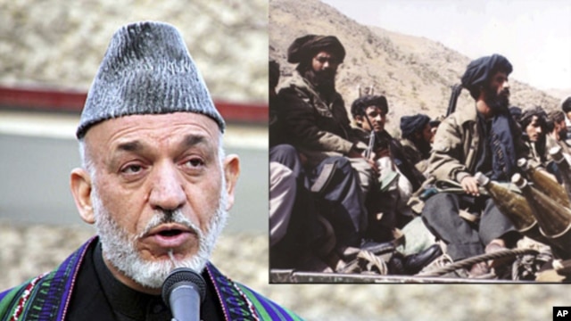 At left, Afghan President Hamid Karzai, Dec. 2011; Taliban fighters near Kabul, 1996 (file image).