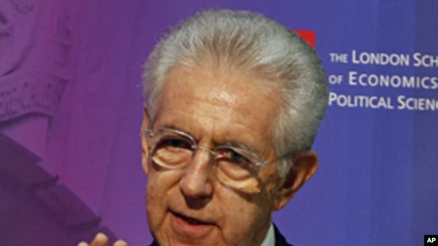 Italy's Prime Minister Mario Monti delivers a speech at the London School of Economics, Jan. 18, 2012.