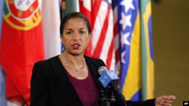 Susan Rice, US Ambassador to United Nations speaks to reporters at UN Headquarters after the Security Council met to discuss the situation in Sudan, November 11, 2011.