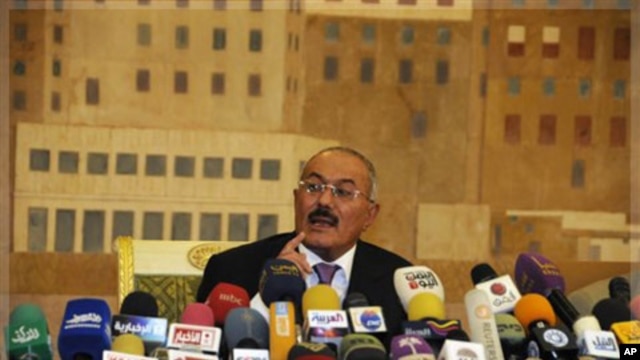 Yemen's President Ali Abdullah Saleh speaks to reporters during a press conference at the Presidential Palace in Sanaa, Yemen, Saturday, Dec. 24, 2011.