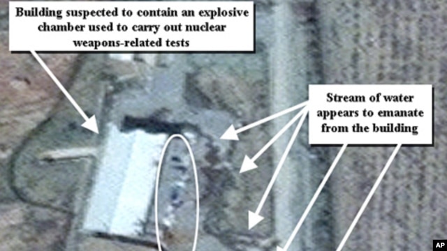 April 9, 2012 photo provided by the Institute for Science and International Security, shows suspected cleanup activities at a building alleged to contain a high explosive chamber used for nuclear weapon related tests in the Parchin military complex in Ira