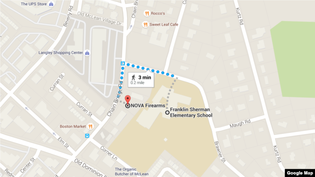 A Google Maps screenshot of NOVA Firearms, next to Franklin Sherman Elementary School