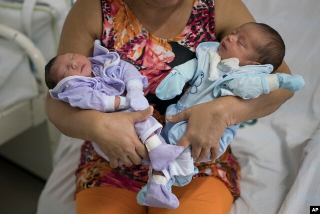 FILE - Severina Raimunda holds her granddaughter Melisa Vitoria, left, who was born with microcephaly and her twin brother, Edison Junior, at the IMIP hospital in Recife, Pernambuco state, Brazil, Feb. 3, 2016.