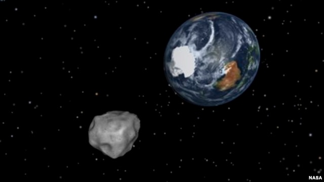 Gambar simulasi Asteroid 2012 DA14 yang mendekat dari arah selatan dan melintasi Bumi pada 15 Februari 2013 mendatang. (NASA/JPL-Caltech)